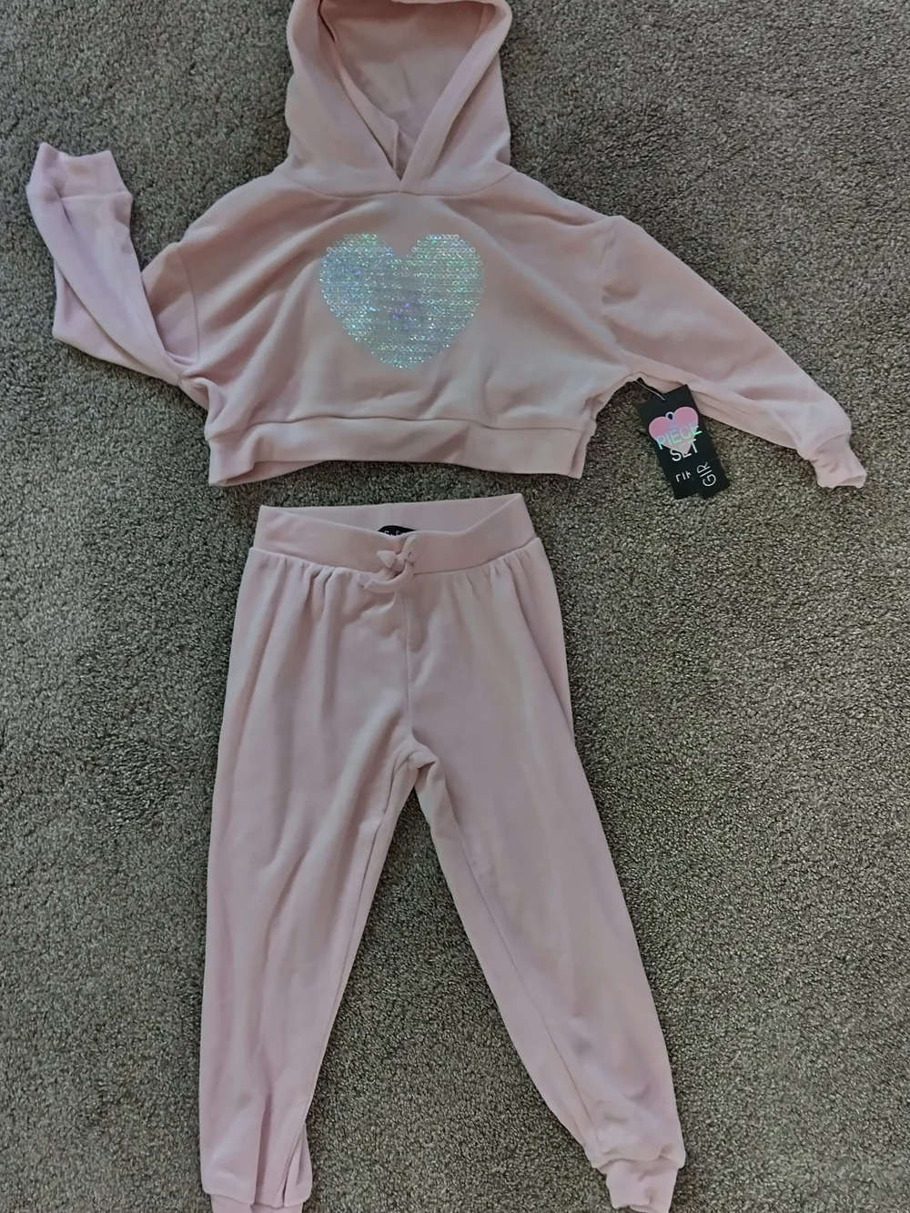 Light Pink Hoodie and Jogger Set with Silver Sequin Heart 🩷